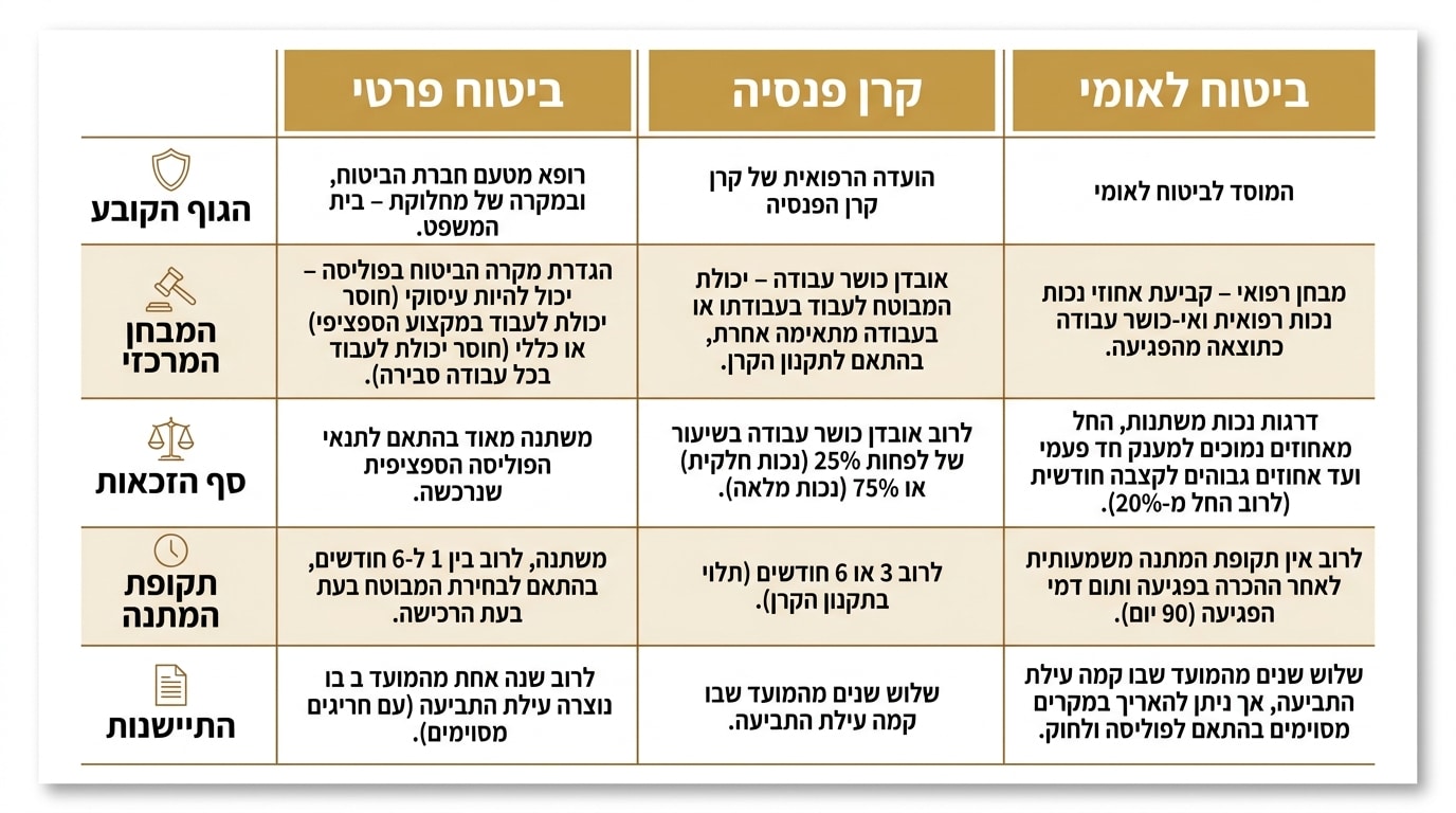 השוואת מסלולי תביעת אובדן כושר עבודה – ביטוח לאומי, קרן פנסיה וביטוח פרטי