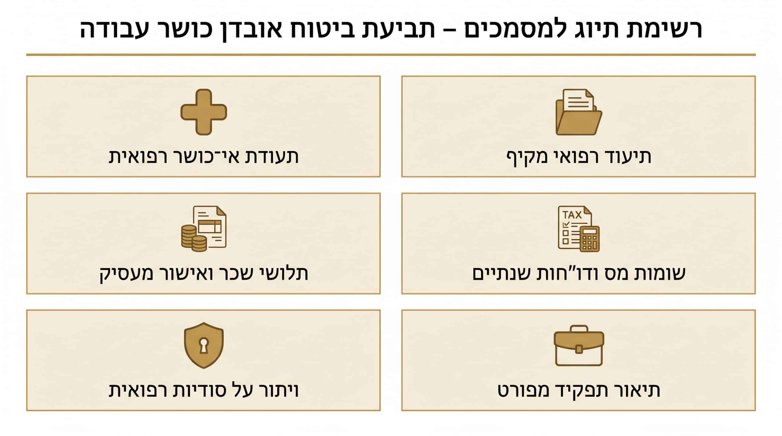 צ'ק ליסט מסמכים לתביעת אובדן כושר עבודה – מה חובה לצרף בכל שלב