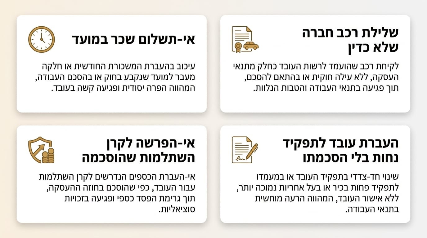 דוגמה לתרחיש של הפרת חוזה עבודה ופיטורים שלא כדין