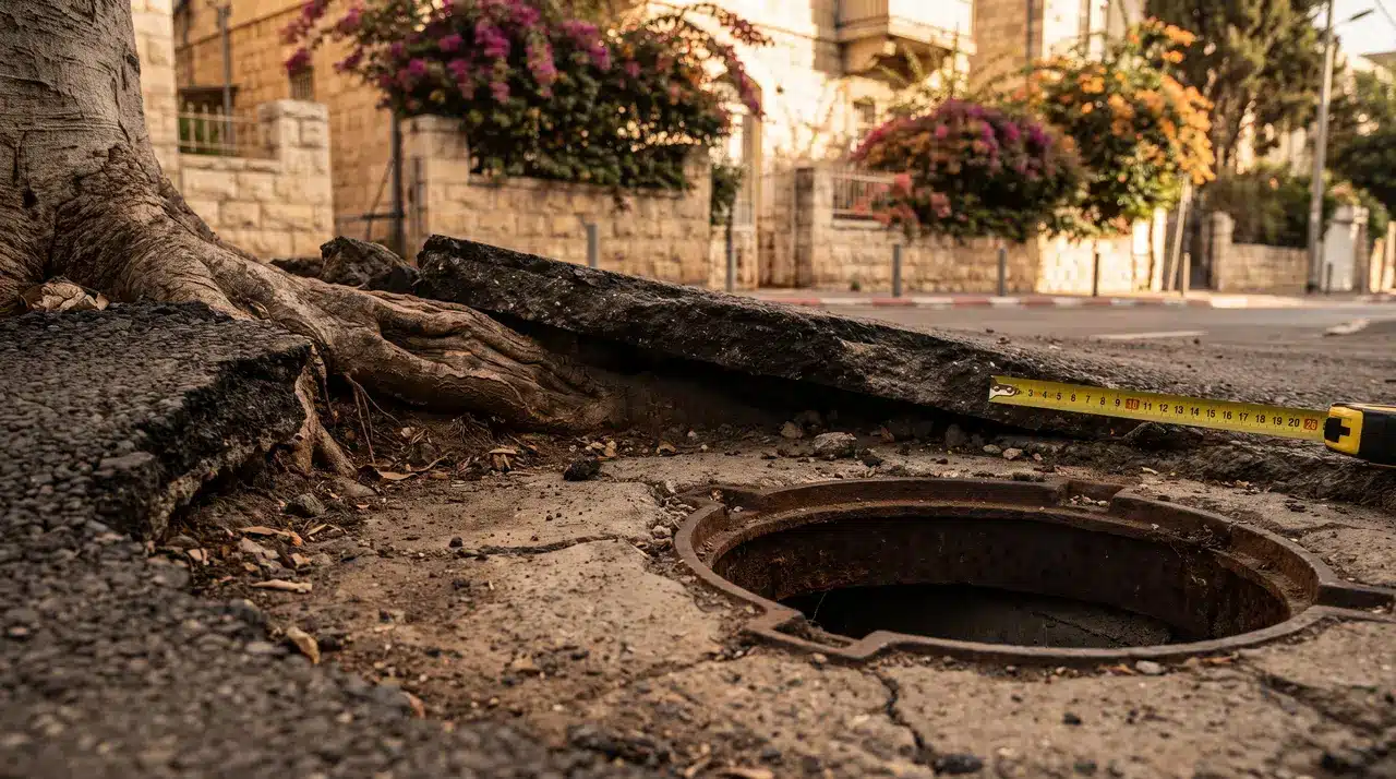 מדרכה שבורה עם אבן משתלבת בולטת – דוגמה למפגע המקים אחריות של העירייה